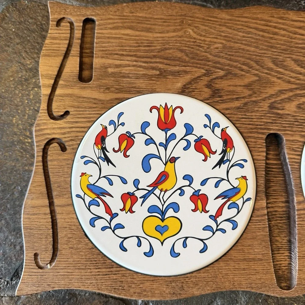 Vintage Pennsylvania Dutch Folk Art Double Tile Wood Trivet Distelfink Bird Hex